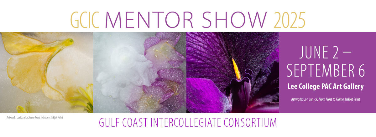 Gulf Coast liquor collegiate consortium mentor show 2025. Performing Arts Center, Gallery, June 2 through September 6. Closing reception 5 to 7 PM September 6. 805 W. Texas Ave., Baytown, TX 77520. Gallery times: 9 AM to 5 PM Monday through Thursday, 9 AM to noon Friday. Contact: epoirot@lee.edu or 281.425.6485